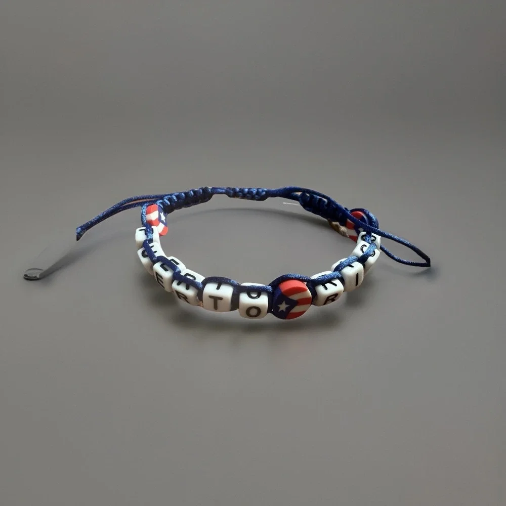 Puerto Rico Letters Unisex Macrame Bracelet Flag Beads Red Blue Black Adjustable